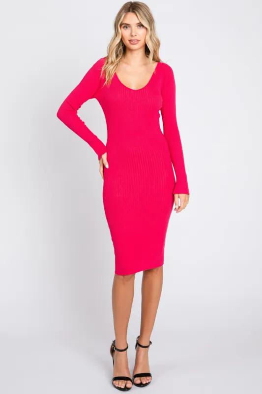 Magenta Ribbed Knit Long Sleeve Fitted Dress sold by Pinkblush