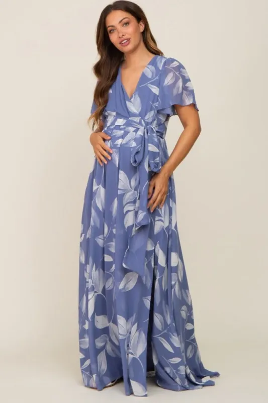 Blue Leaf Print Chiffon V-Neck Front Slit Maternity Dress sold by Pinkblush