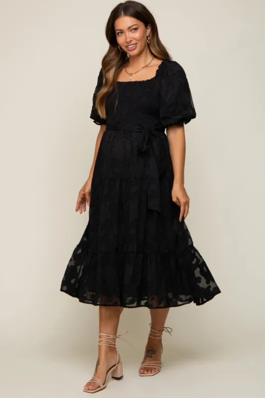 Black Floral Textured Tiered Maternity Midi Dress sold by Pinkblush