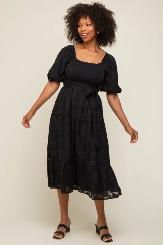 Black Floral Textured Tiered Midi Dress sold by Pinkblush
