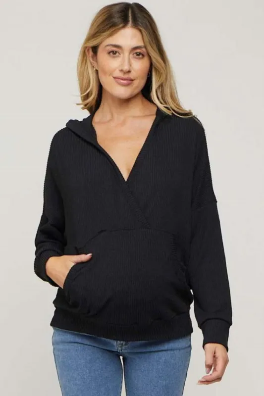 Black Ribbed Hooded Wrap Long Sleeve Maternity Top sold by Pinkblush