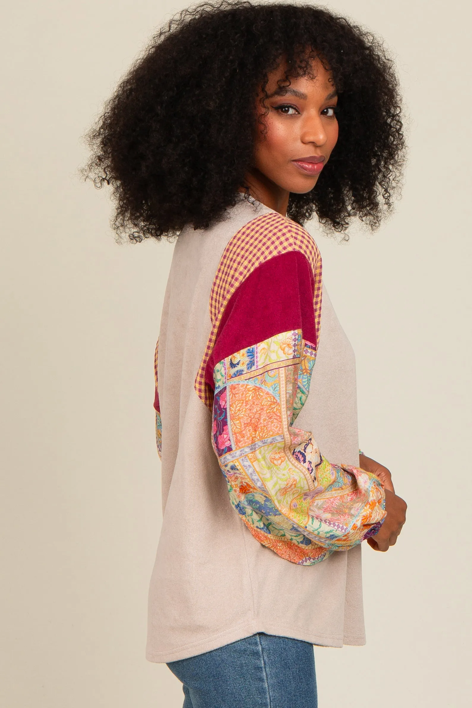 Beige Mixed Print Bubble Sleeve Top sold by Pinkblush product image thumbnail 3