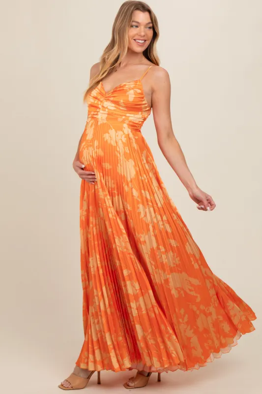 Orange Floral Pleated Satin Maternity Maxi Dress sold by Pinkblush