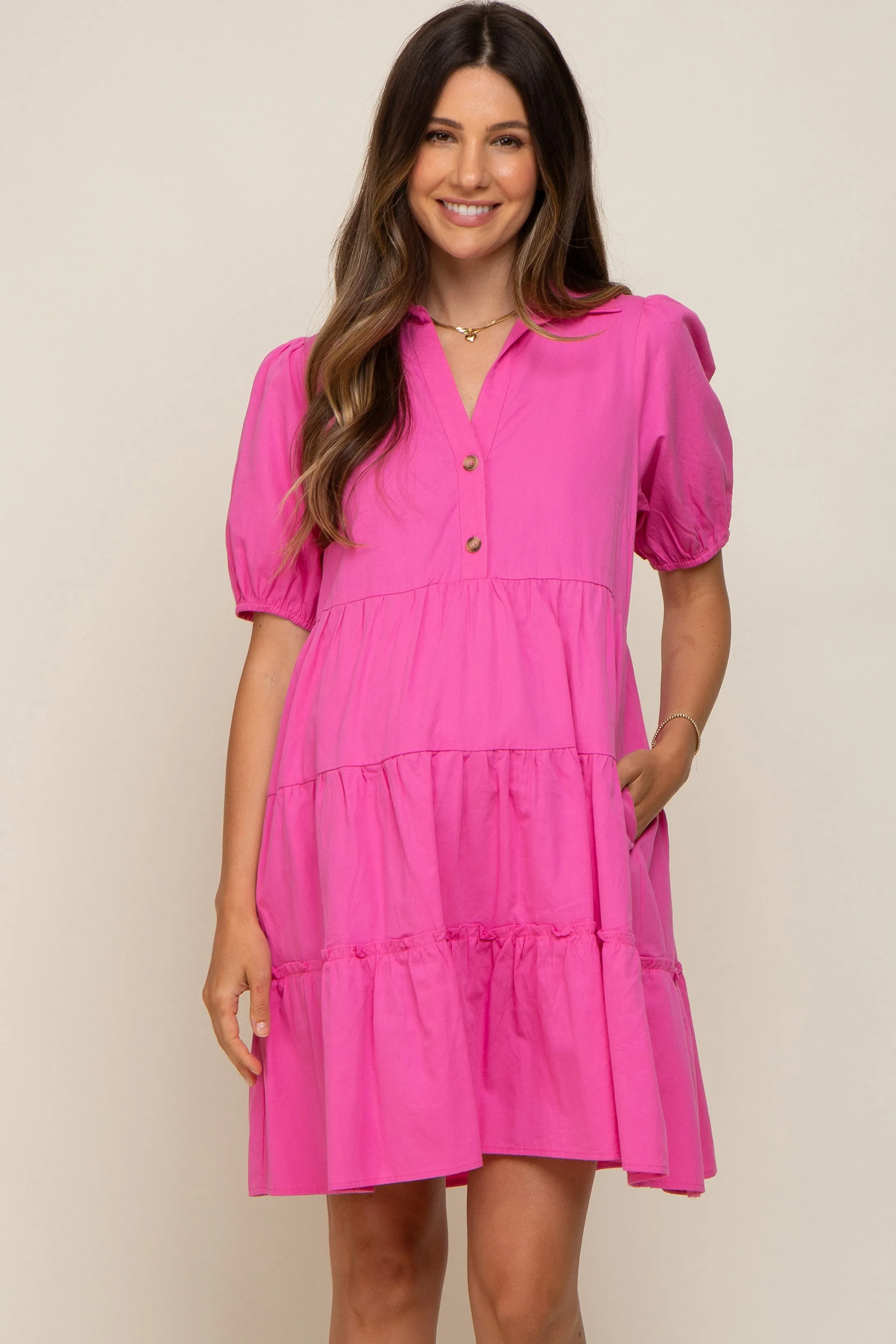 Pink Collared Tiered Maternity Dress sold by Pinkblush