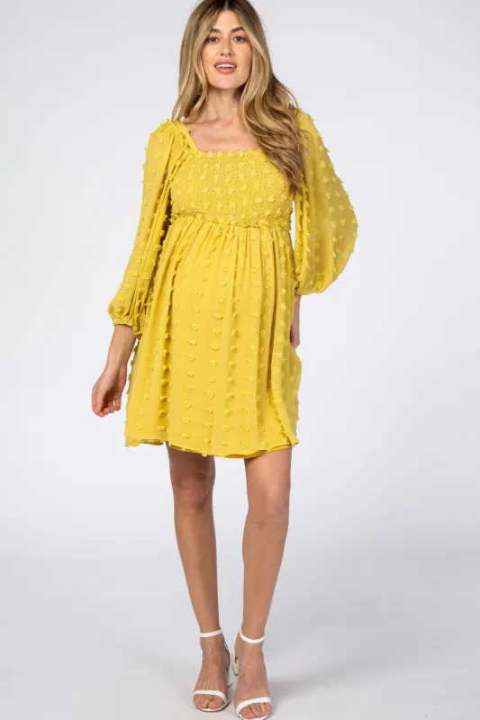 Yellow Textured Dot Smocked Square Neck Chiffon Maternity Dress sold by Pinkblush