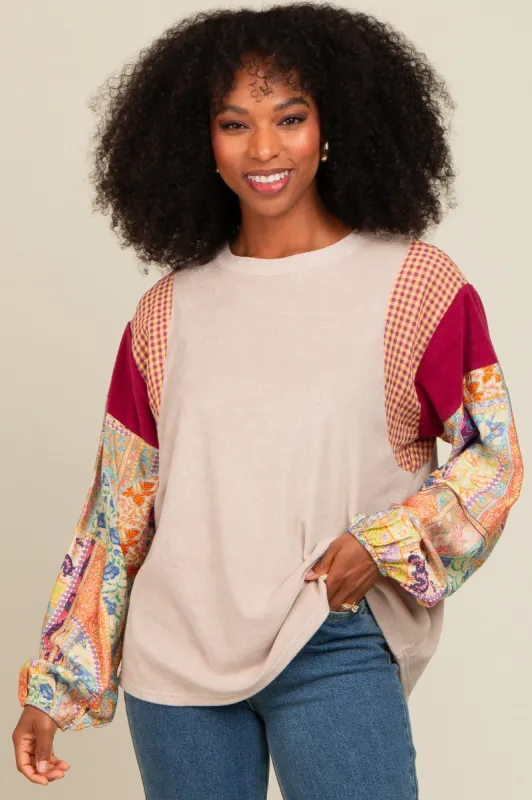 Beige Mixed Print Bubble Sleeve Top sold by Pinkblush