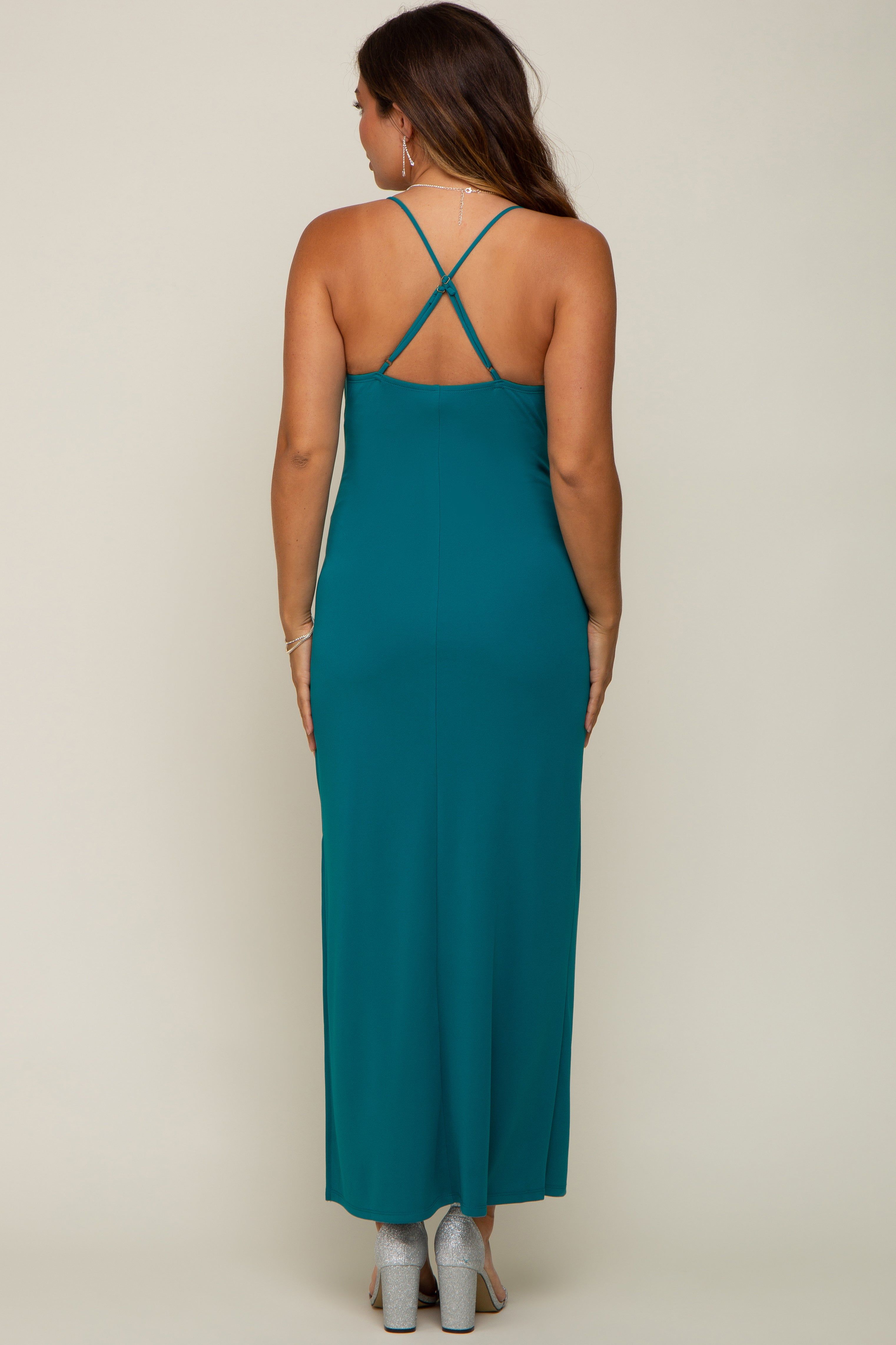 Teal Draped Neck Side Slit Maternity Maxi Dress sold by Pinkblush product image thumbnail 3