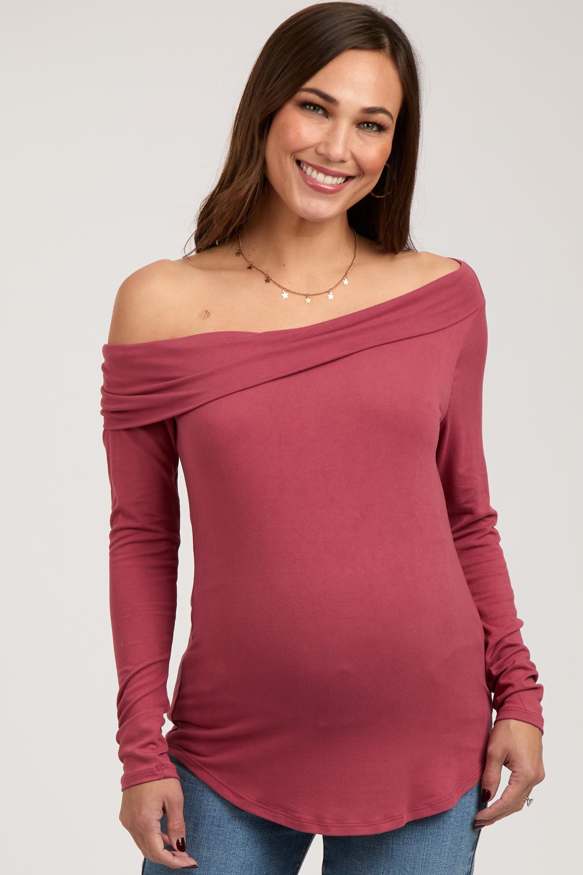 Rust Long Sleeve Off Shoulder Maternity Top sold by Pinkblush