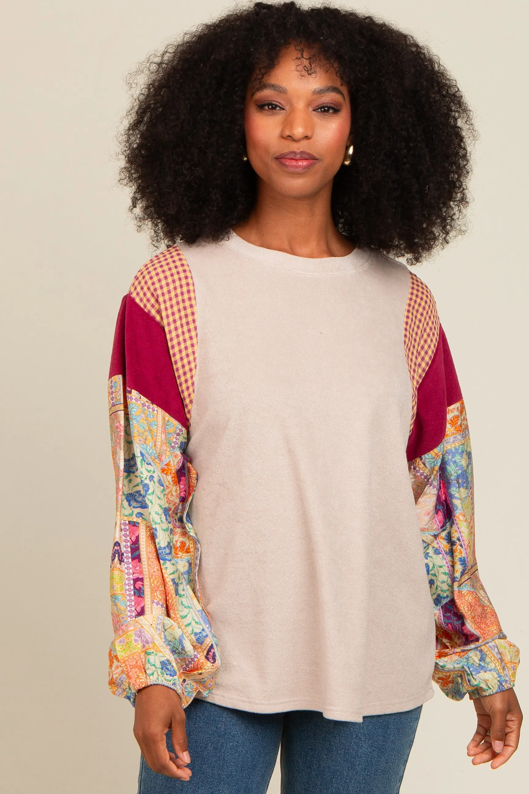 Beige Mixed Print Bubble Sleeve Top sold by Pinkblush product image thumbnail 2