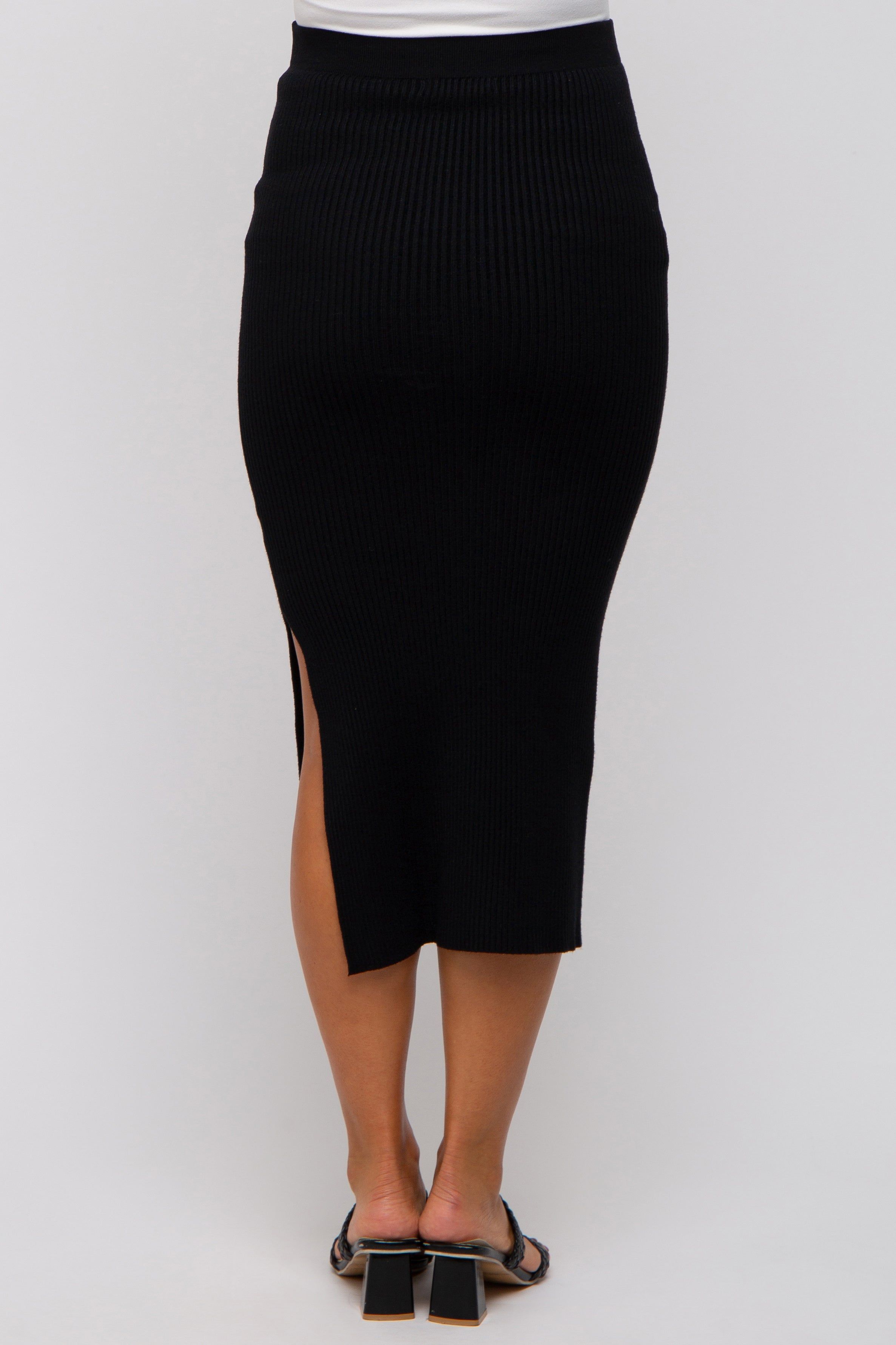 Black Ribbed Fitted Side Slit Maternity Midi Skirt sold by Pinkblush product image thumbnail 4