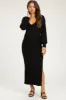 Black Soft Ribbed V-Neck Side Slit Maternity Midi Dress sold by Pinkblush