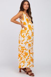 Orange Leaf Print Sleeveless Maternity Maxi Dress sold by Pinkblush