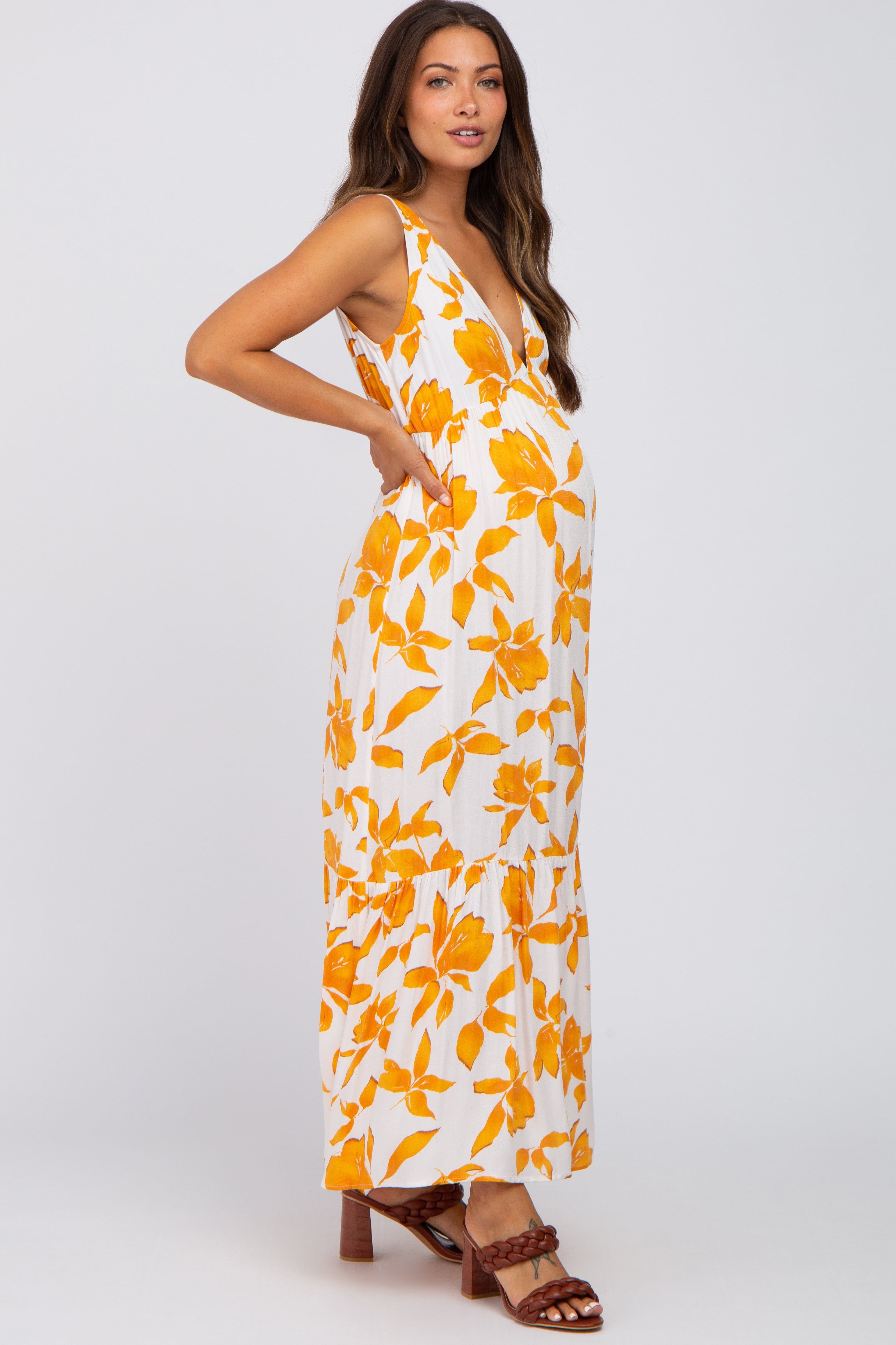 Orange Leaf Print Sleeveless Maternity Maxi Dress sold by Pinkblush product image thumbnail 2