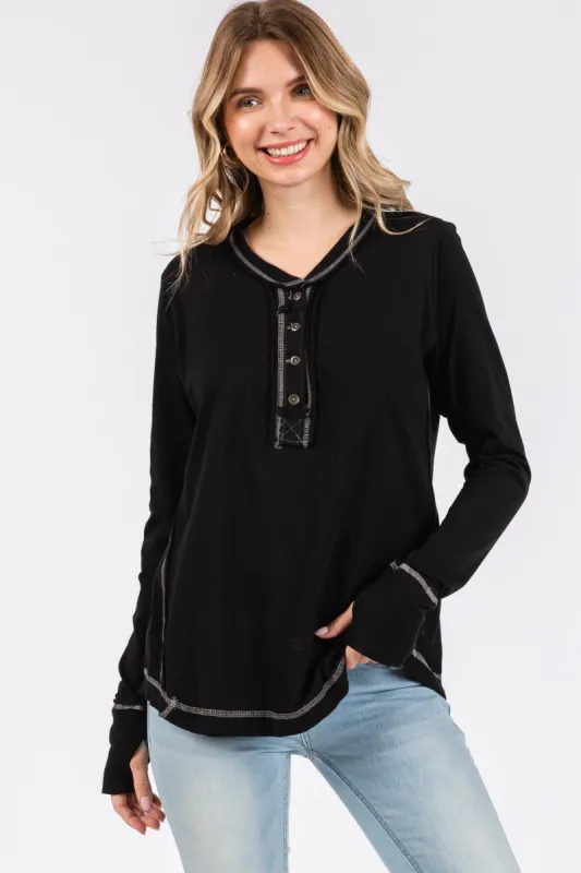 Black Long Sleeve Exposed Seam Top sold by Pinkblush