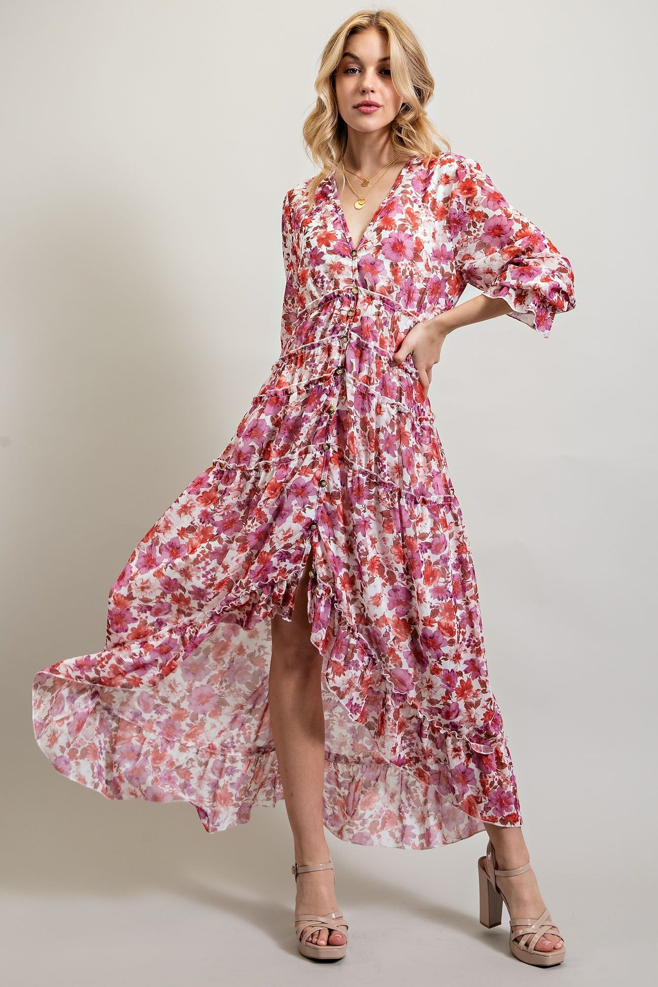 White Bohemian Floral High Low Maxi Dress sold by Pinkblush