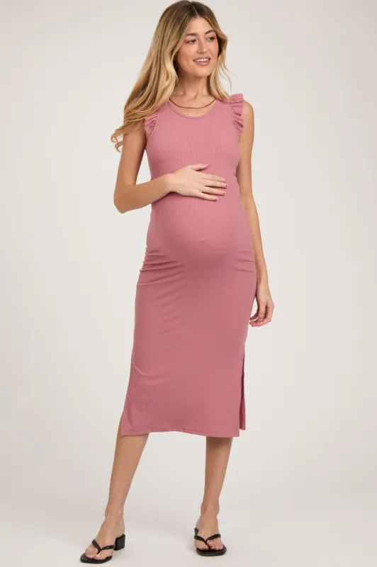 Mauve Ribbed Ruffle Shoulder Side Slit Maternity Midi Dress sold by Pinkblush