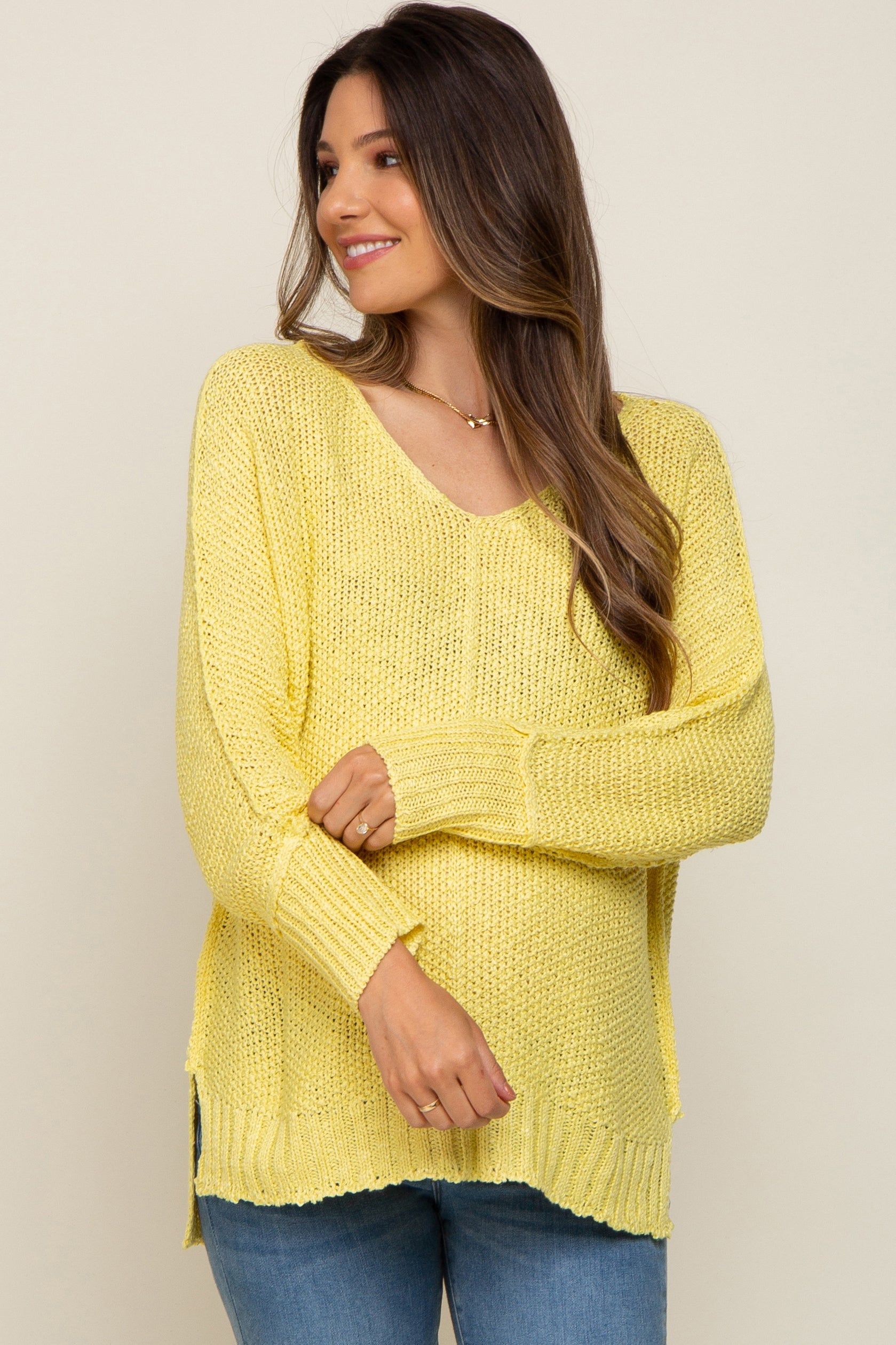Yellow Chunky Knit Side Slit Maternity Sweater sold by Pinkblush