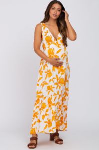 Orange Leaf Print Sleeveless Maternity Maxi Dress sold by Pinkblush