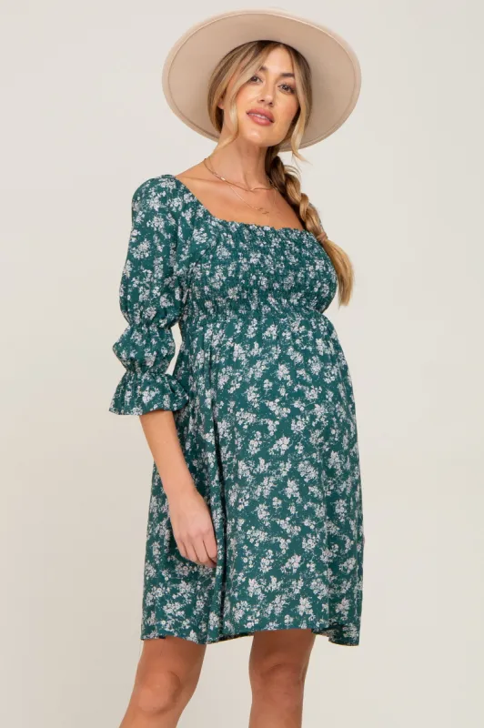 Forest Green Floral Ruffle Sleeve Smocked Maternity Dress sold by Pinkblush