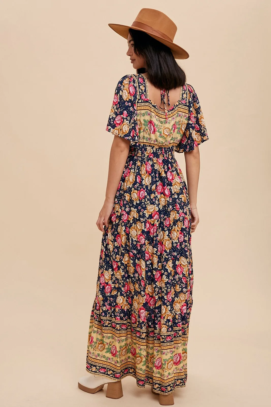 Navy Floral Border Print Square Neck Maxi Dress sold by Pinkblush product image thumbnail 4