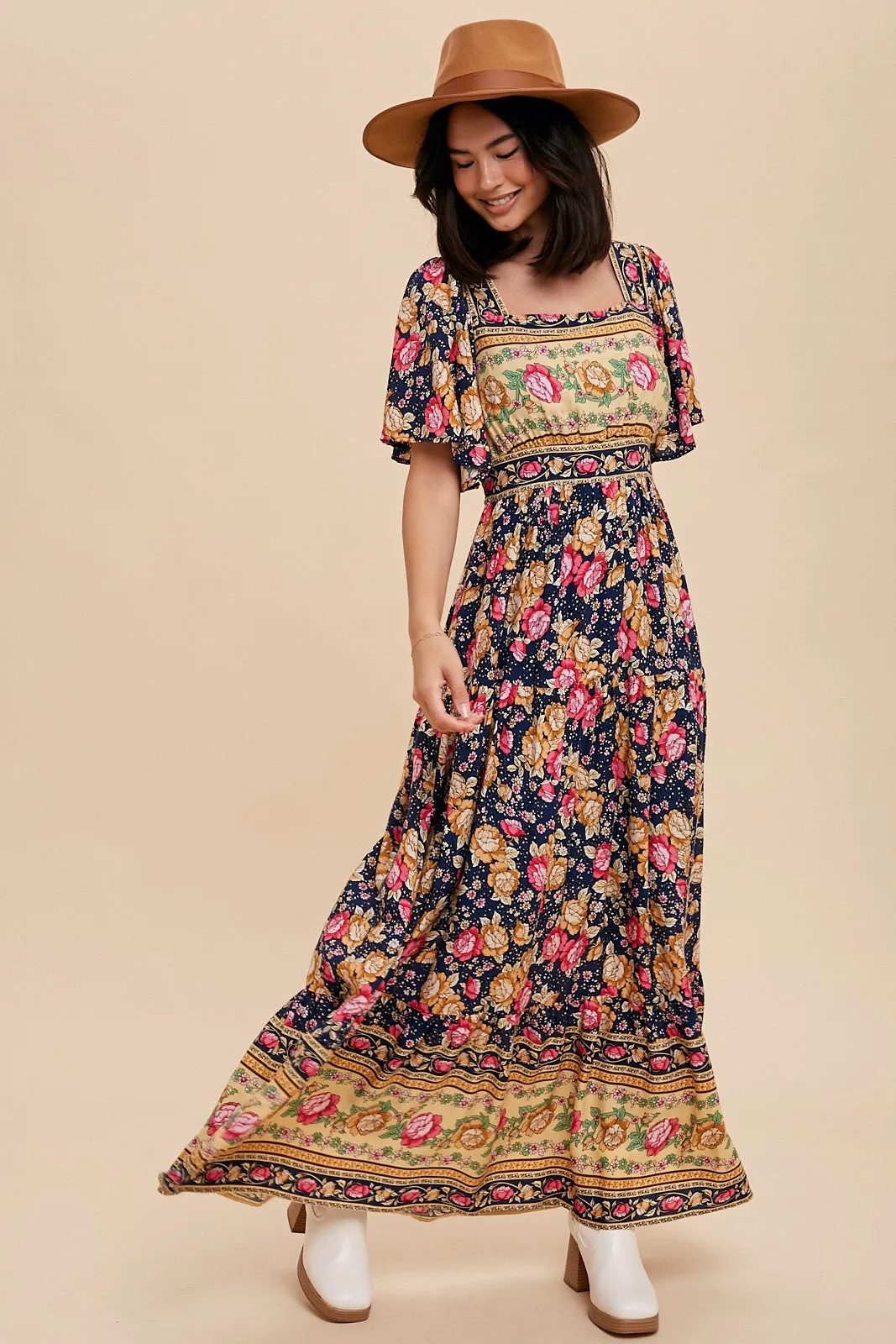 Navy Floral Border Print Square Neck Maxi Dress sold by Pinkblush