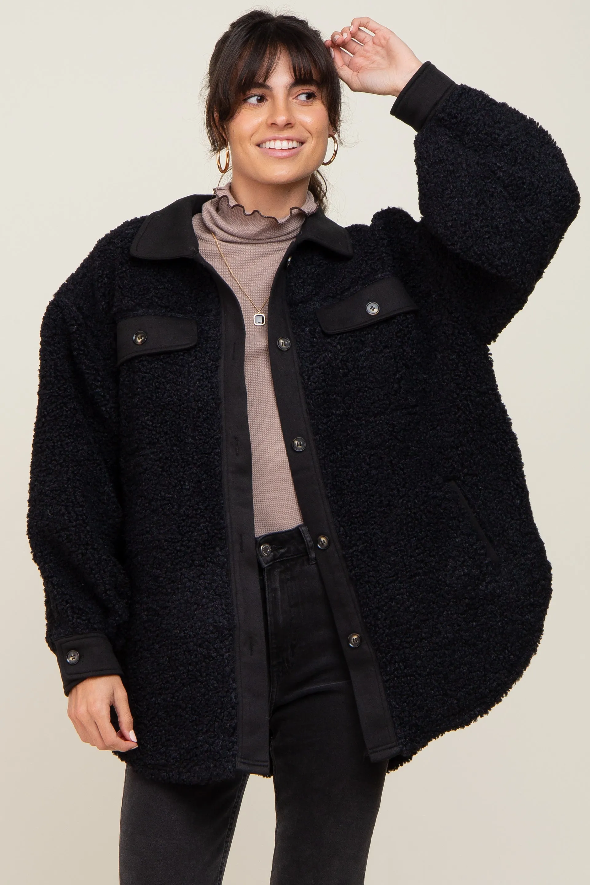 Black Contrast Oversized Sherpa Coat sold by Pinkblush product image thumbnail 2
