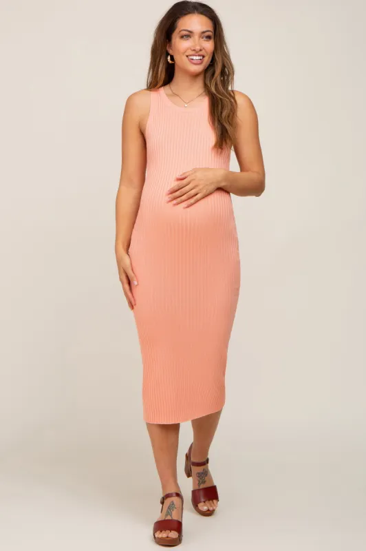 Peach Ribbed Racerback Maternity Midi Dress sold by Pinkblush