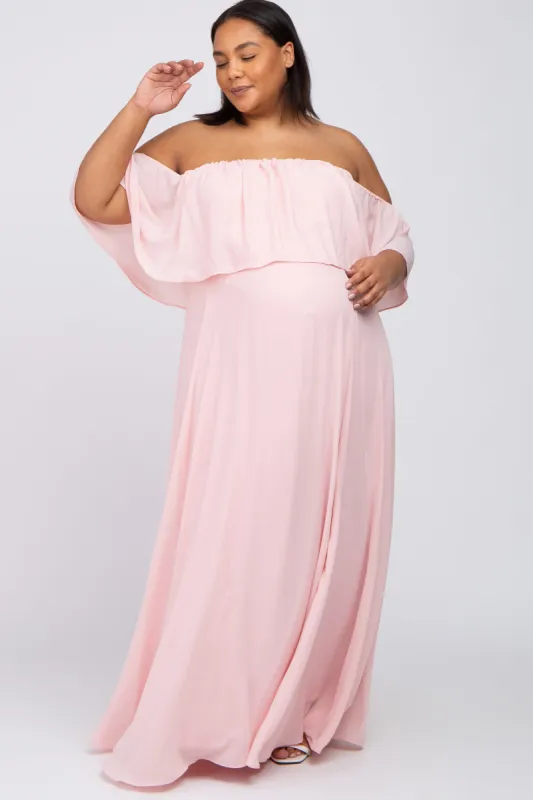 Light Pink Chiffon Off Shoulder Maternity Plus Gown sold by Pinkblush