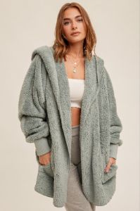 Mint Green Fuzzy Hooded Long Sleeve Jacket sold by Pinkblush
