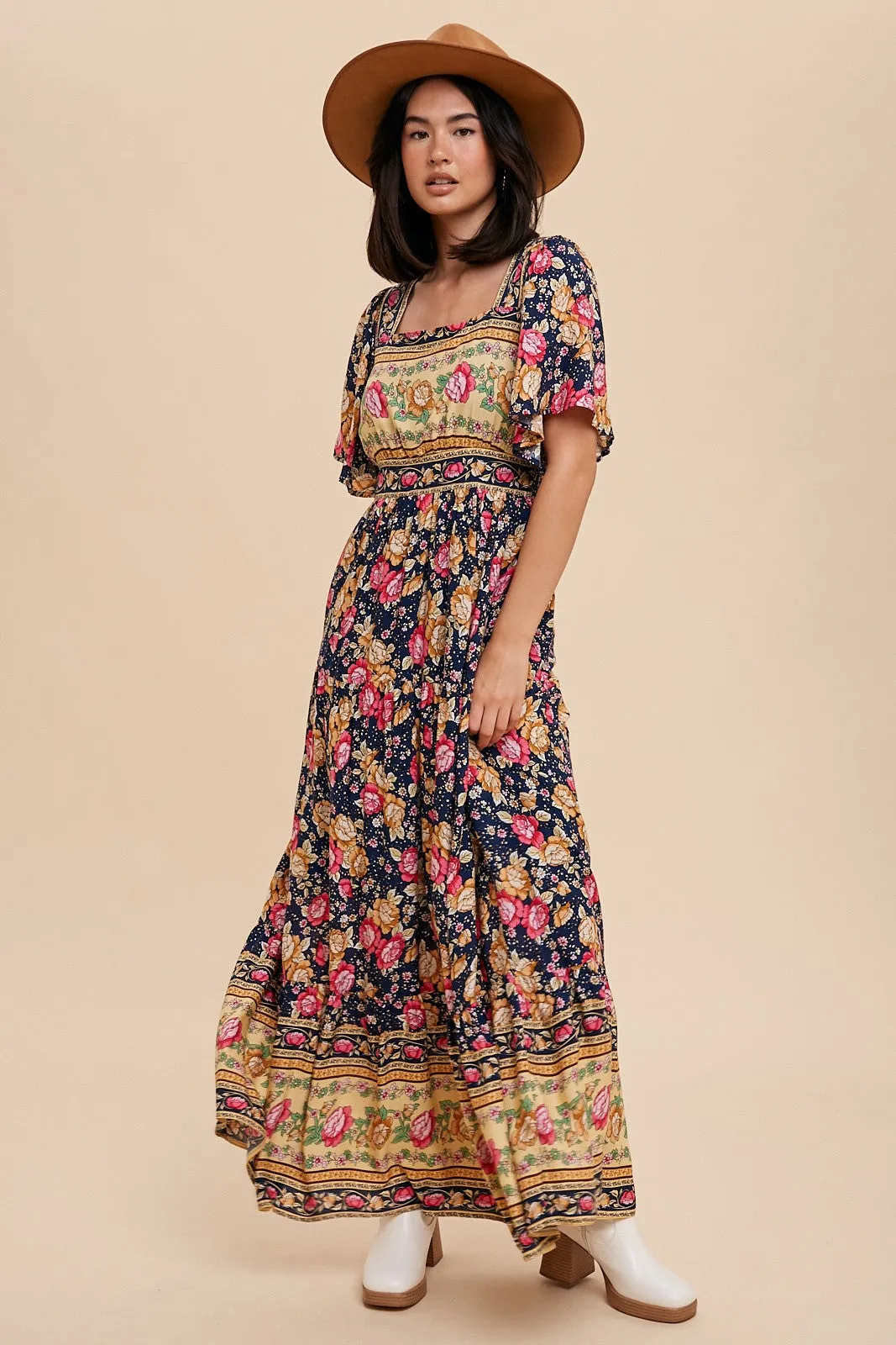 Navy Floral Border Print Square Neck Maxi Dress sold by Pinkblush product image thumbnail 2