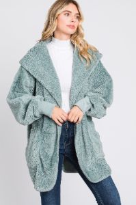 Mint Green Fuzzy Hooded Long Sleeve Jacket sold by Pinkblush