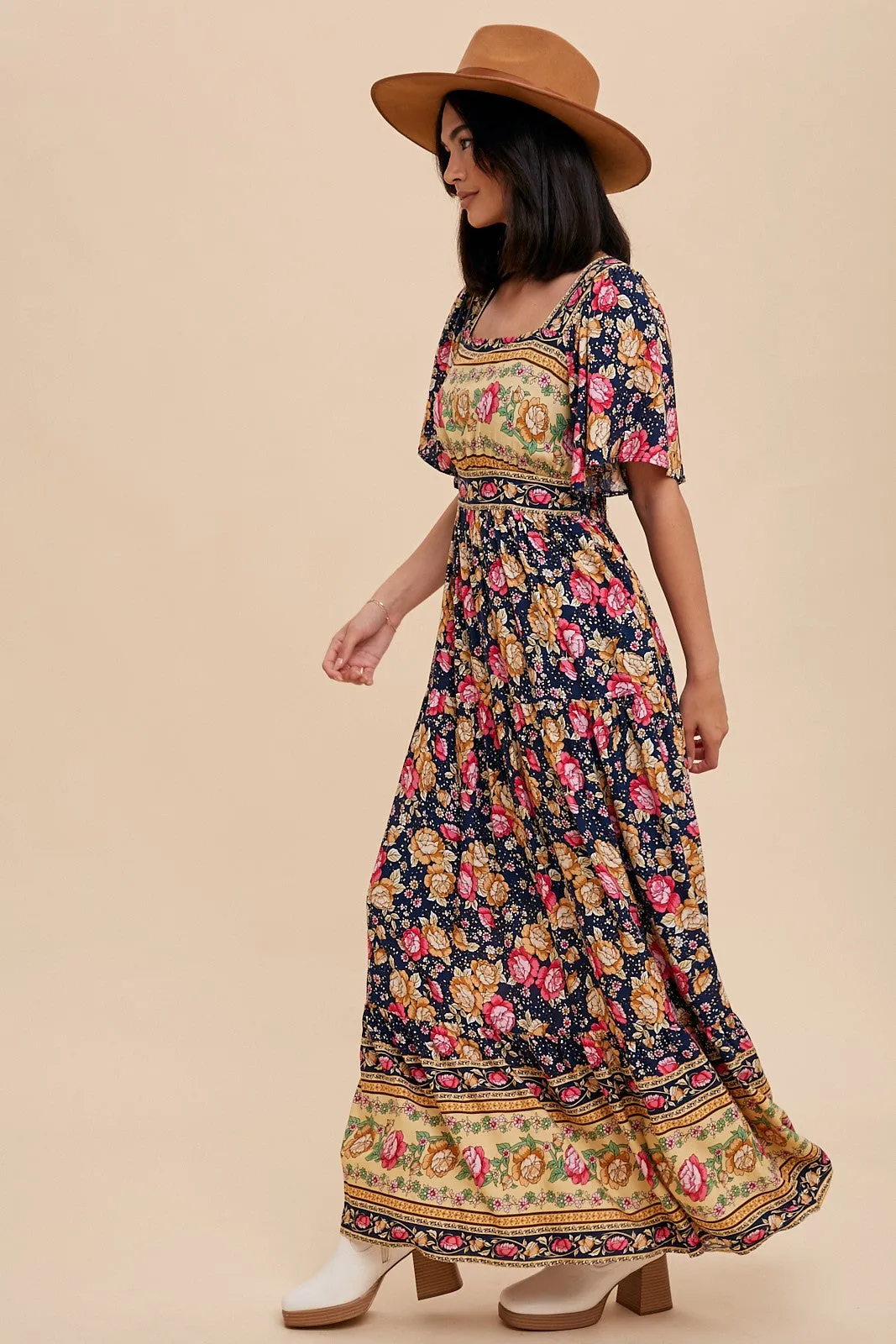 Navy Floral Border Print Square Neck Maxi Dress sold by Pinkblush product image thumbnail 3