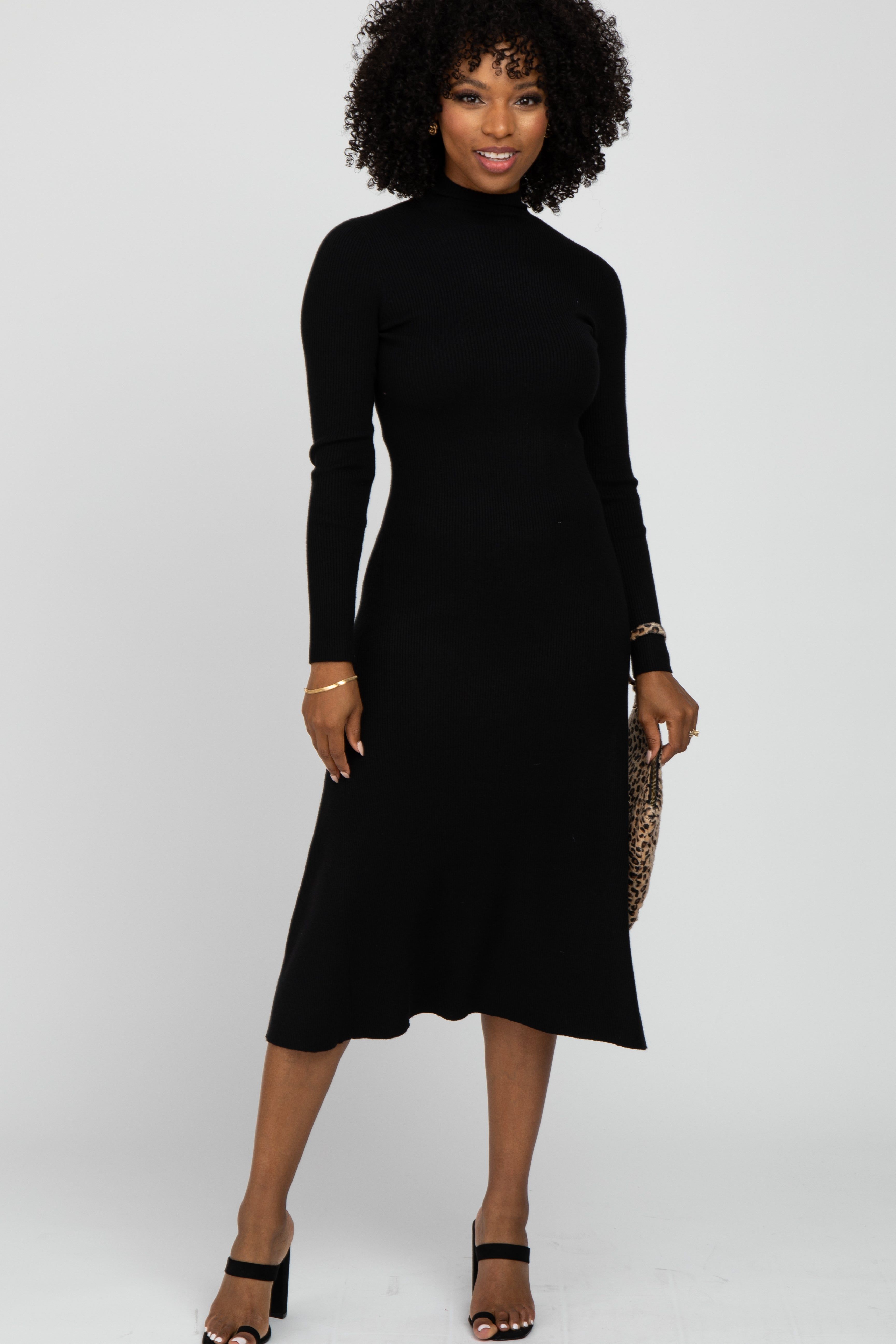 Black Mock Neck Flared Maternity Midi Dress sold by Pinkblush product image thumbnail 4