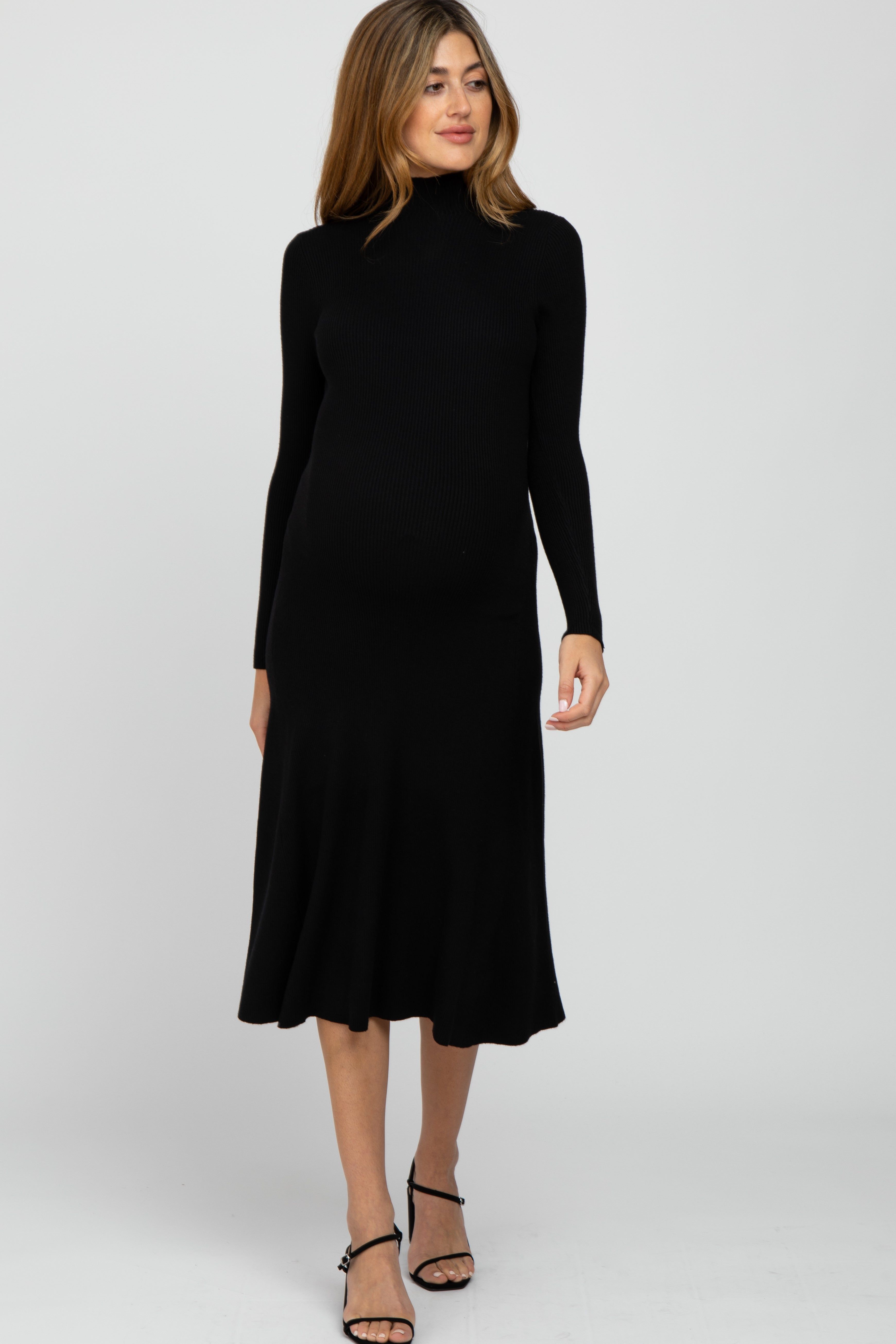 Black Mock Neck Flared Maternity Midi Dress sold by Pinkblush