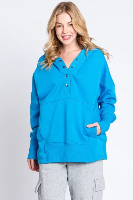 Blue Hooded Button Pullover Sweater sold by Pinkblush