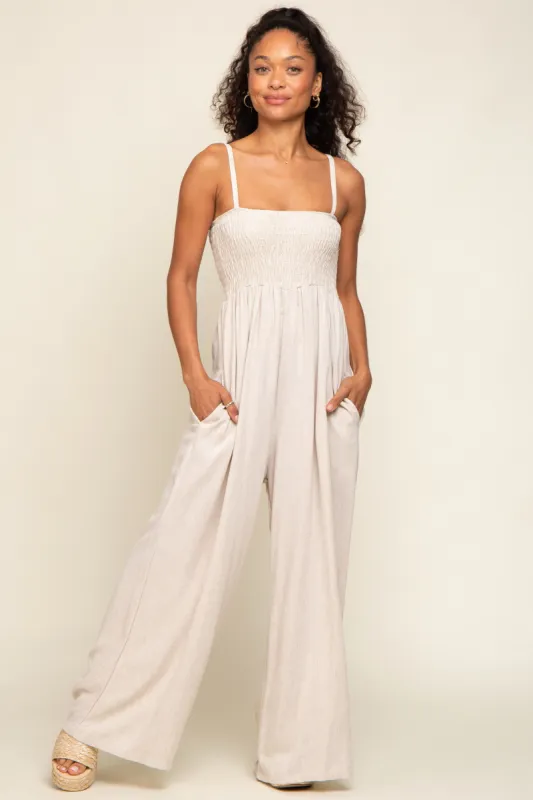 Beige Smocked Linen Wide Leg Jumpsuit sold by Pinkblush