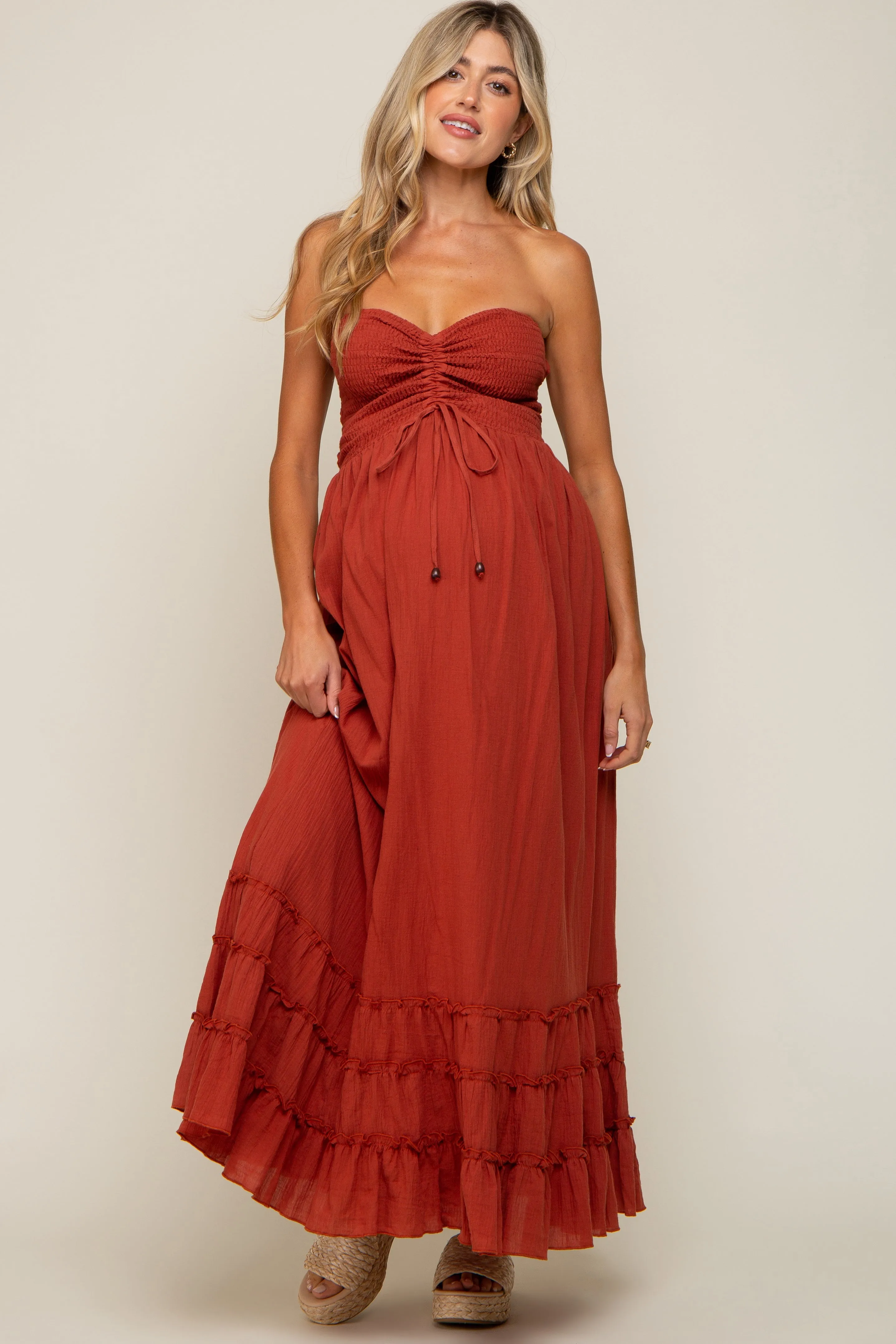 Rust Smocked Cutout Back Maternity Maxi Dress sold by Pinkblush product image thumbnail 5