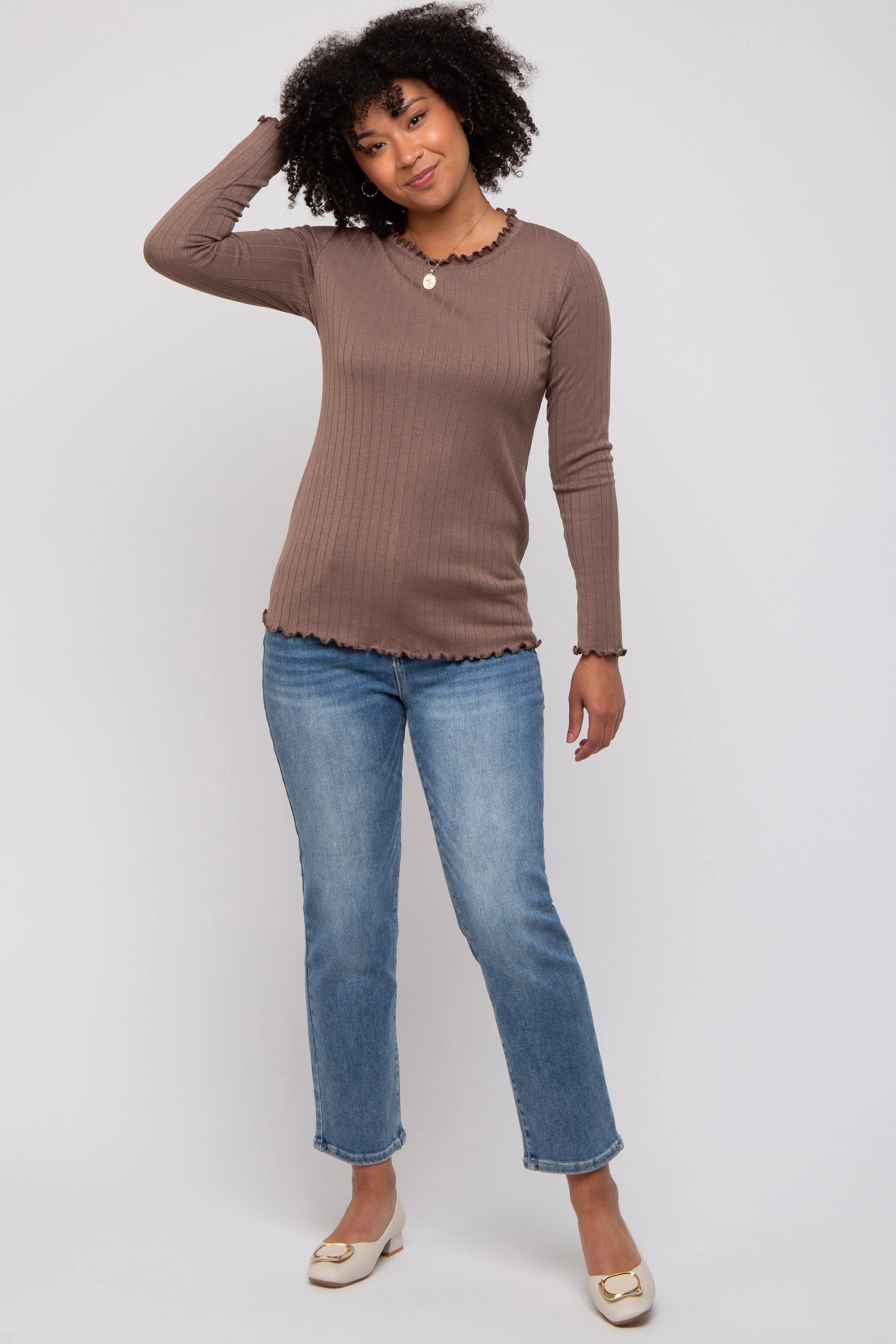 Brown Rib Knit Lettuce Trim Long Sleeve Top sold by Pinkblush product image thumbnail 5