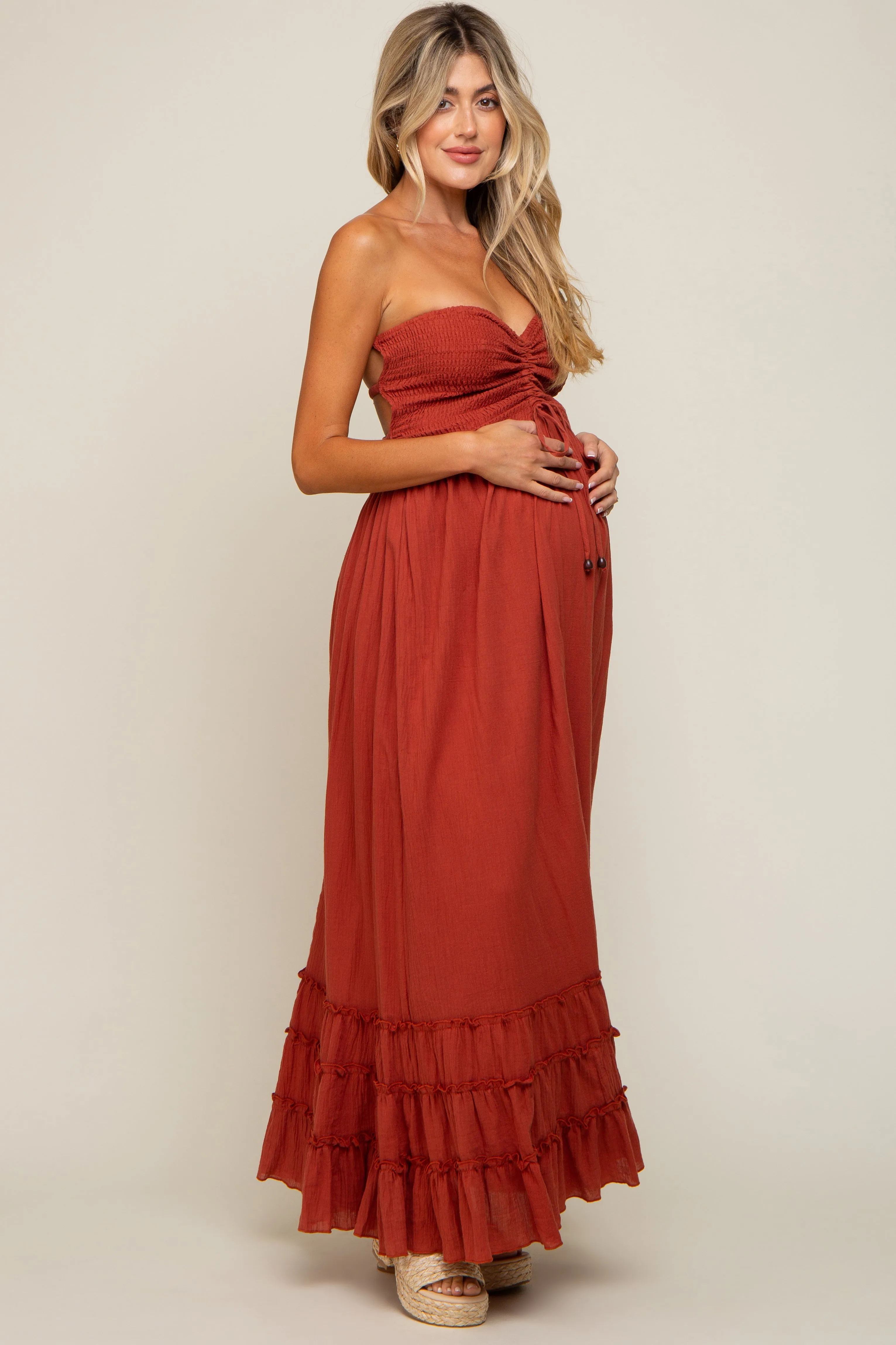 Rust Smocked Cutout Back Maternity Maxi Dress sold by Pinkblush product image thumbnail 2