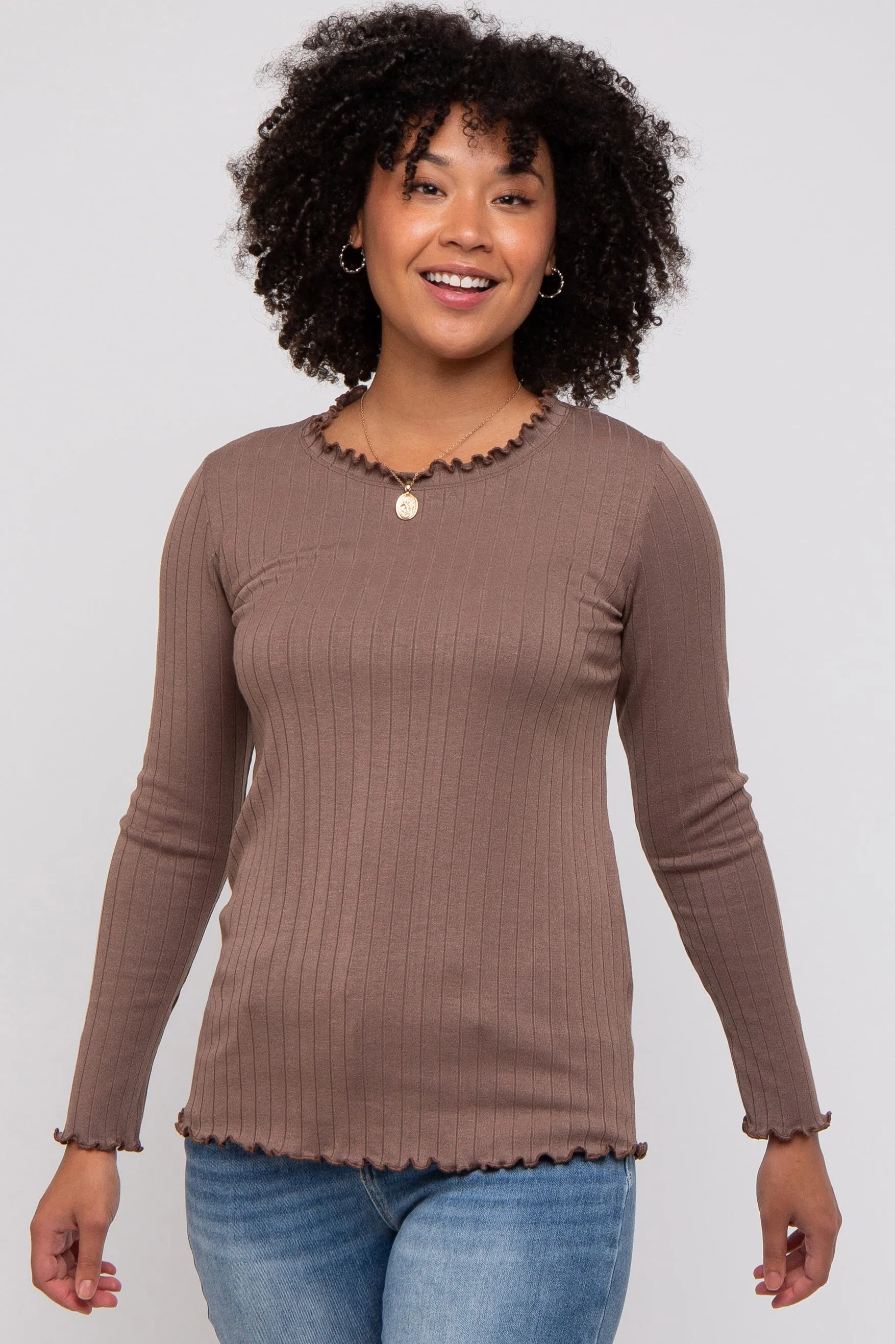 Brown Rib Knit Lettuce Trim Long Sleeve Top sold by Pinkblush product image thumbnail 2