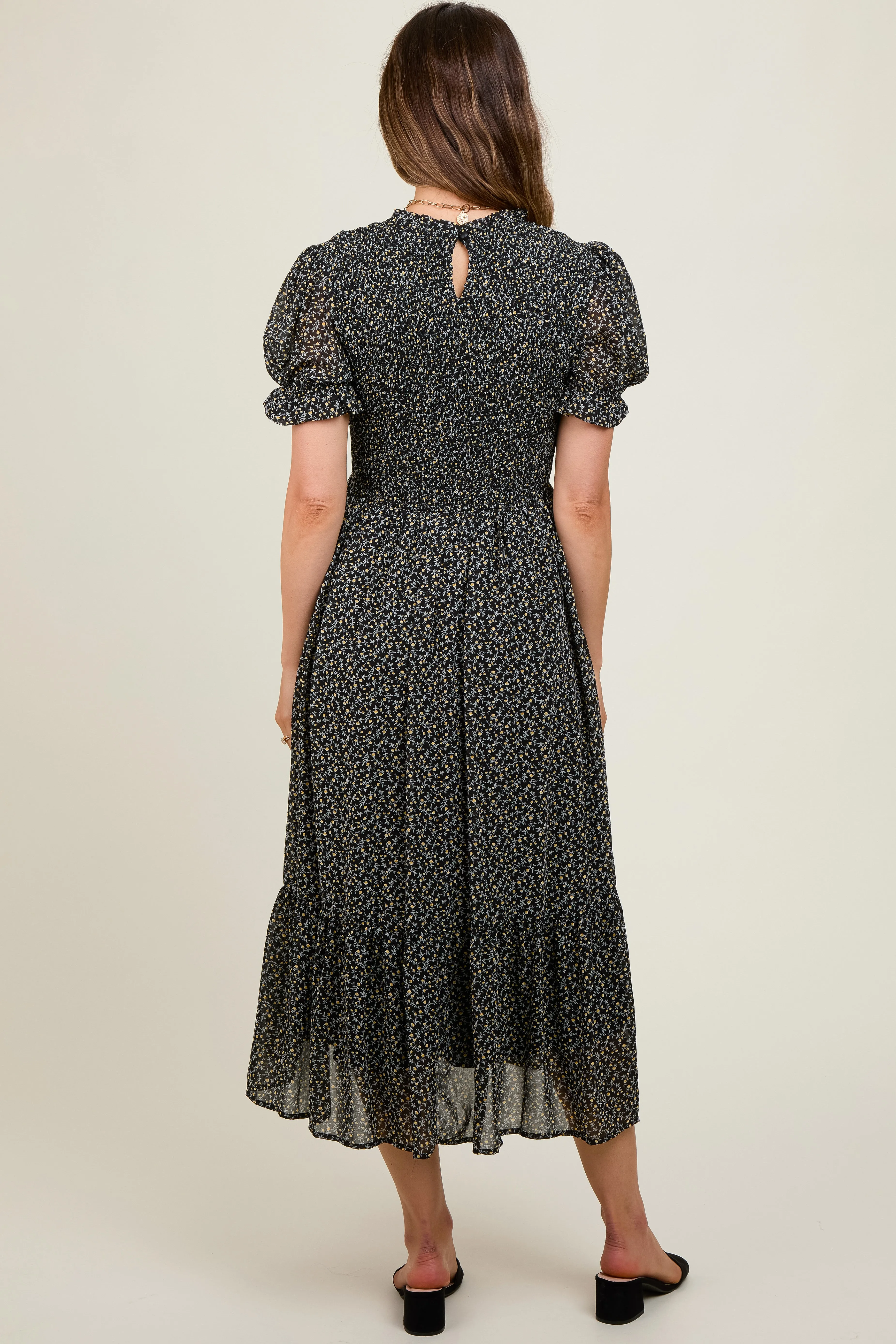 Black Printed Smocked Maternity Midi Dress sold by Pinkblush product image thumbnail 2