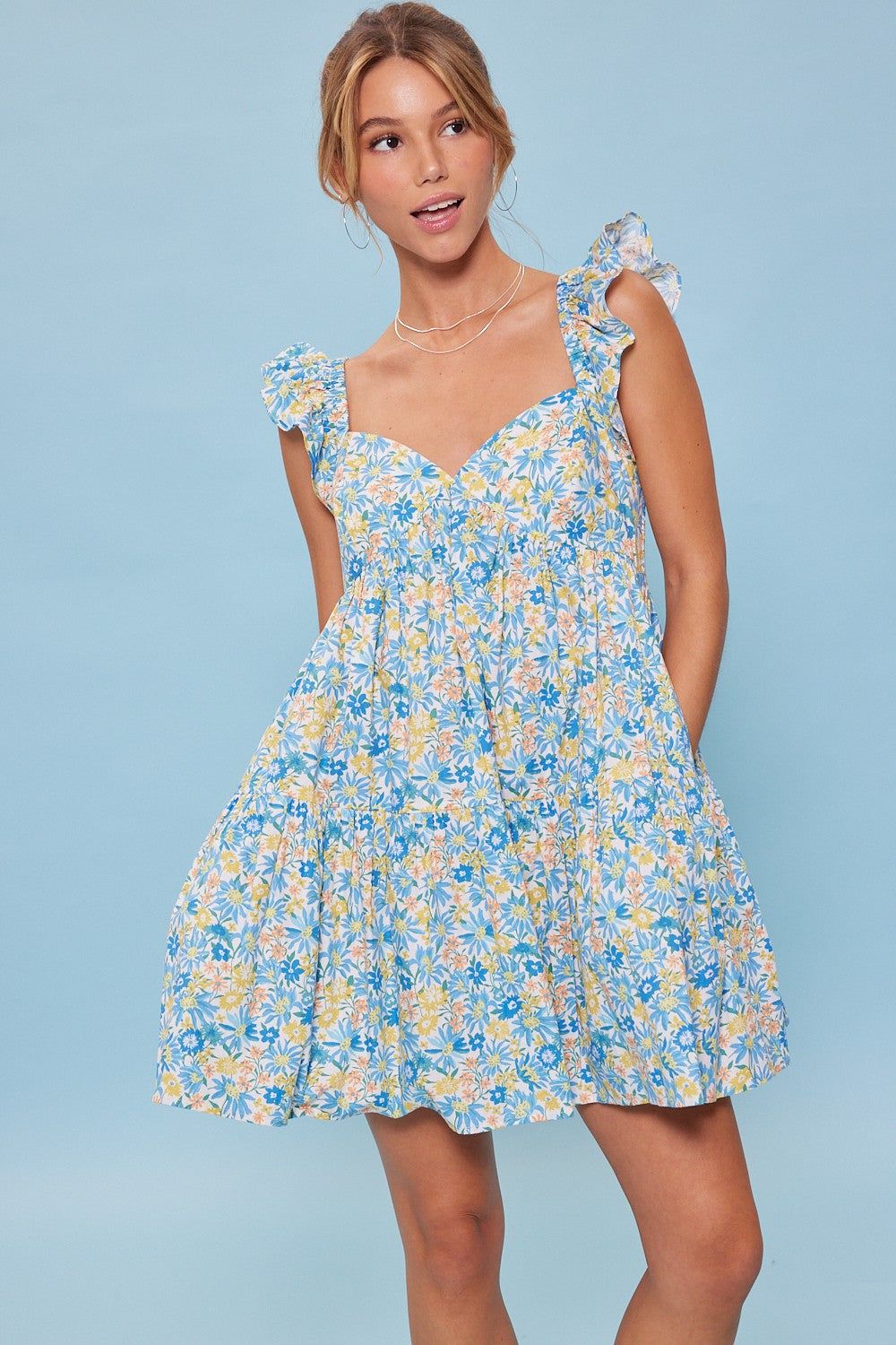 White Blue Flower Print Heart Shape Bodice Baby Doll Dress sold by Pinkblush