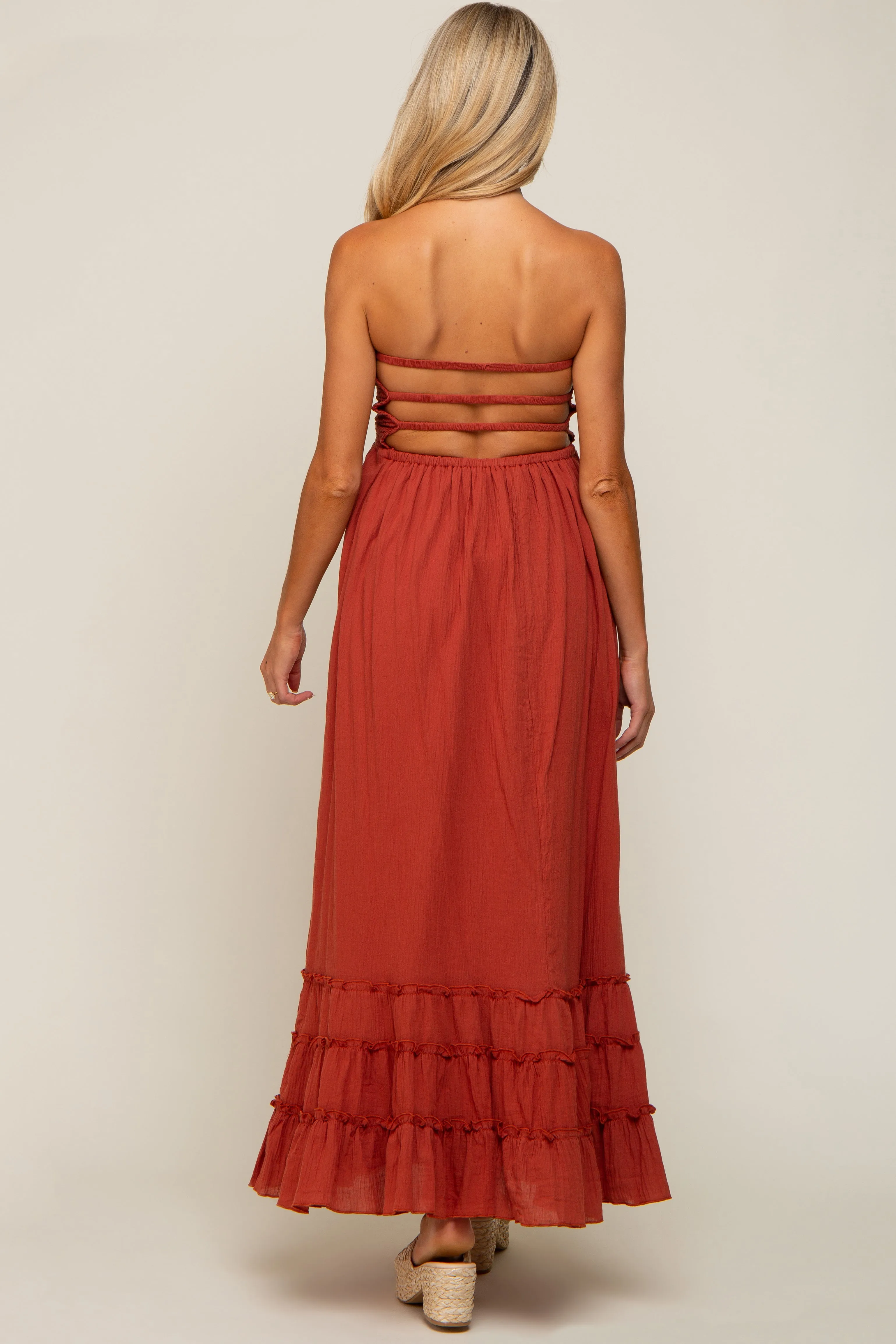 Rust Smocked Cutout Back Maternity Maxi Dress sold by Pinkblush product image thumbnail 3