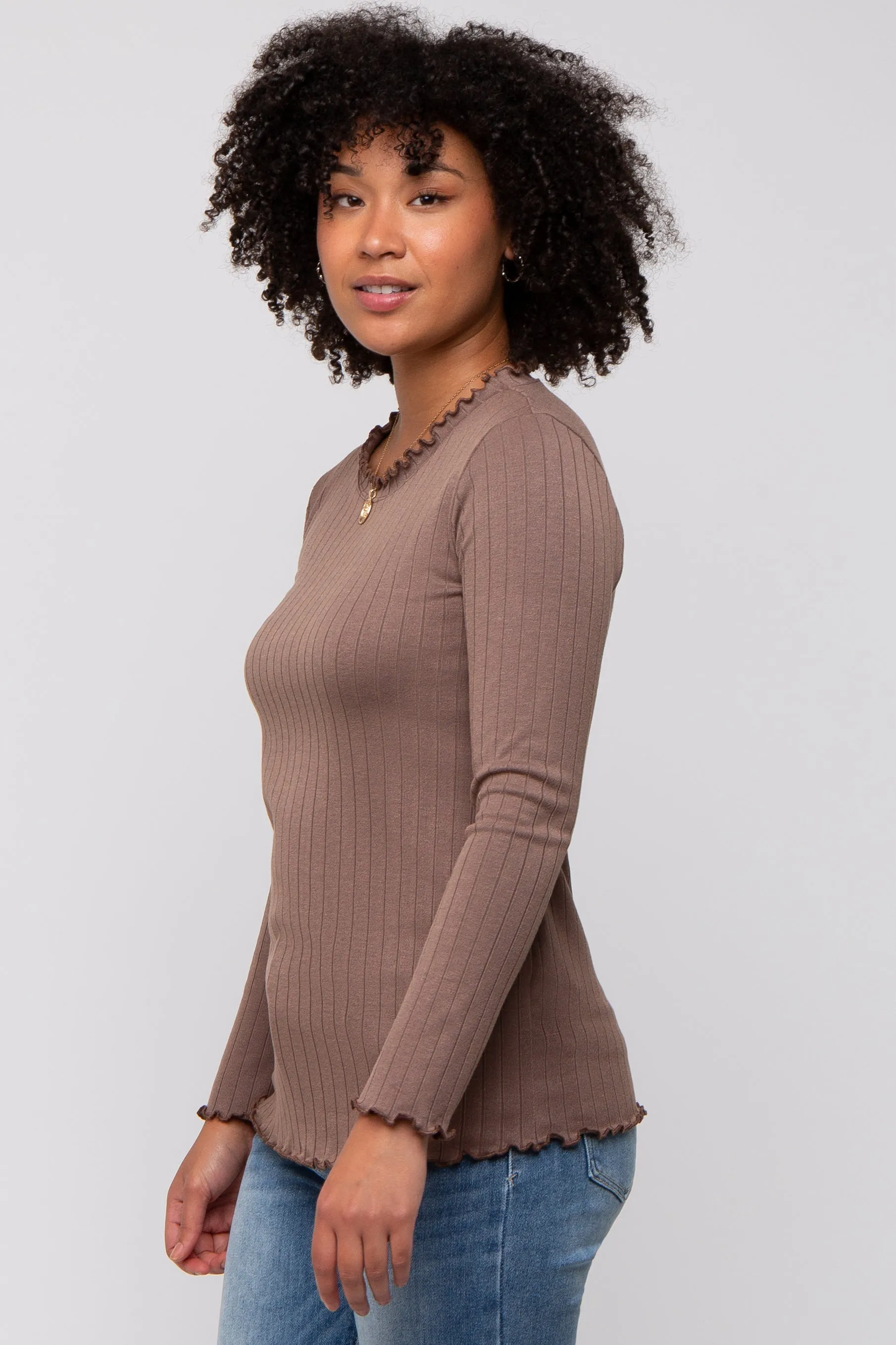 Brown Rib Knit Lettuce Trim Long Sleeve Top sold by Pinkblush product image thumbnail 3