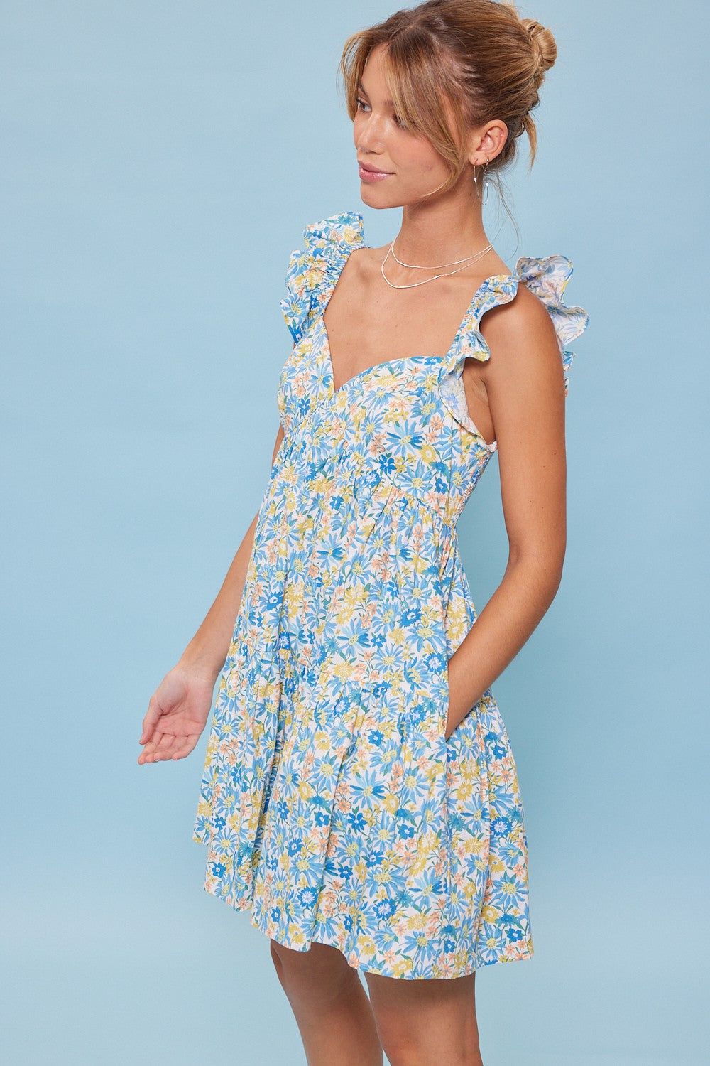 White Blue Flower Print Heart Shape Bodice Baby Doll Dress sold by Pinkblush product image thumbnail 2