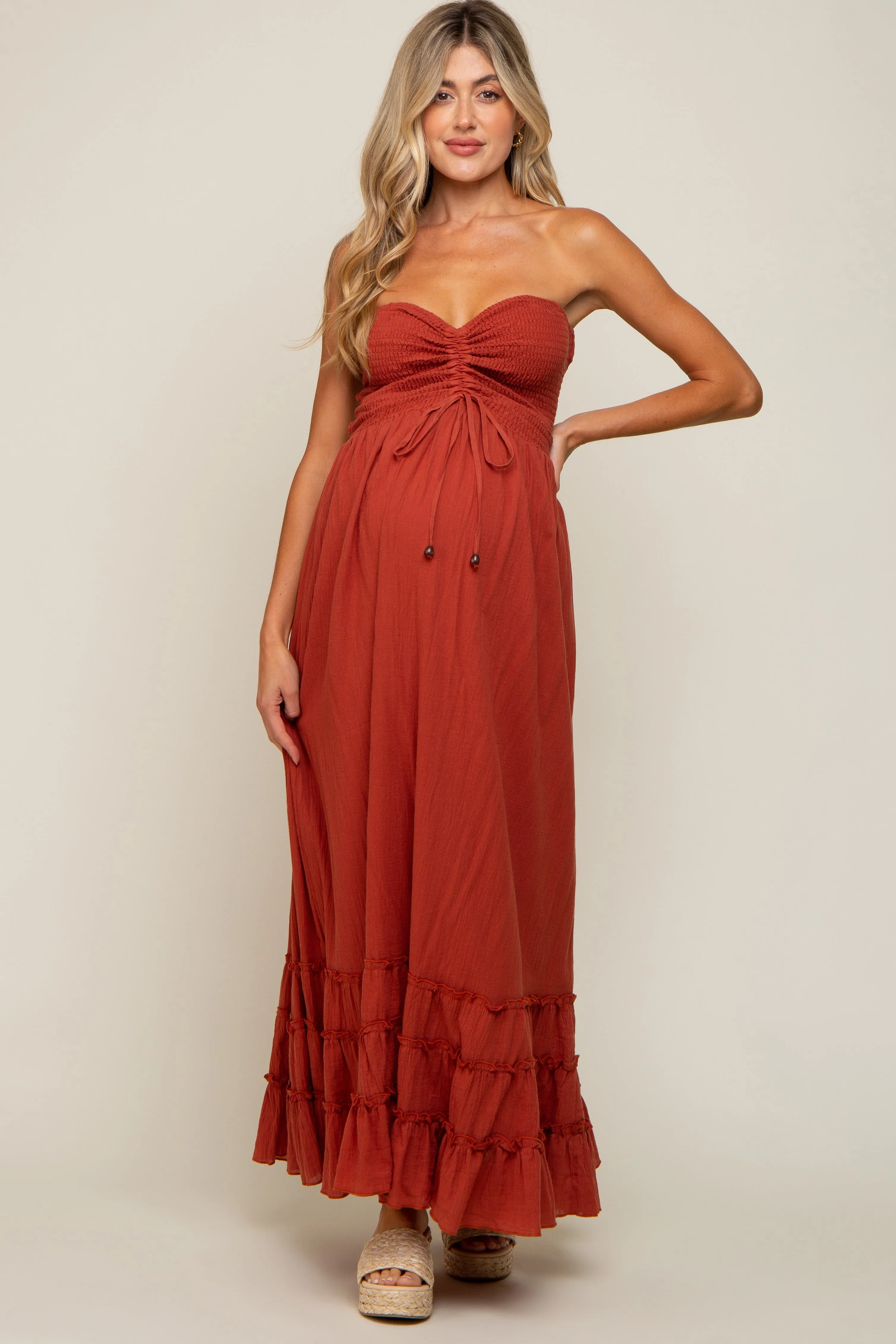 Rust Smocked Cutout Back Maternity Maxi Dress sold by Pinkblush product image thumbnail 4