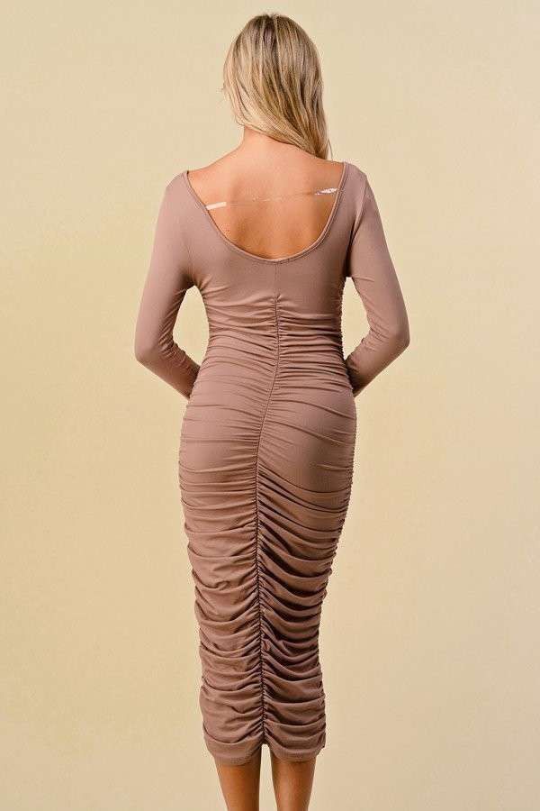 Light Chocolate Ruched Scoop Neck Long Sleeve Midi Dress sold by Pinkblush product image thumbnail 3