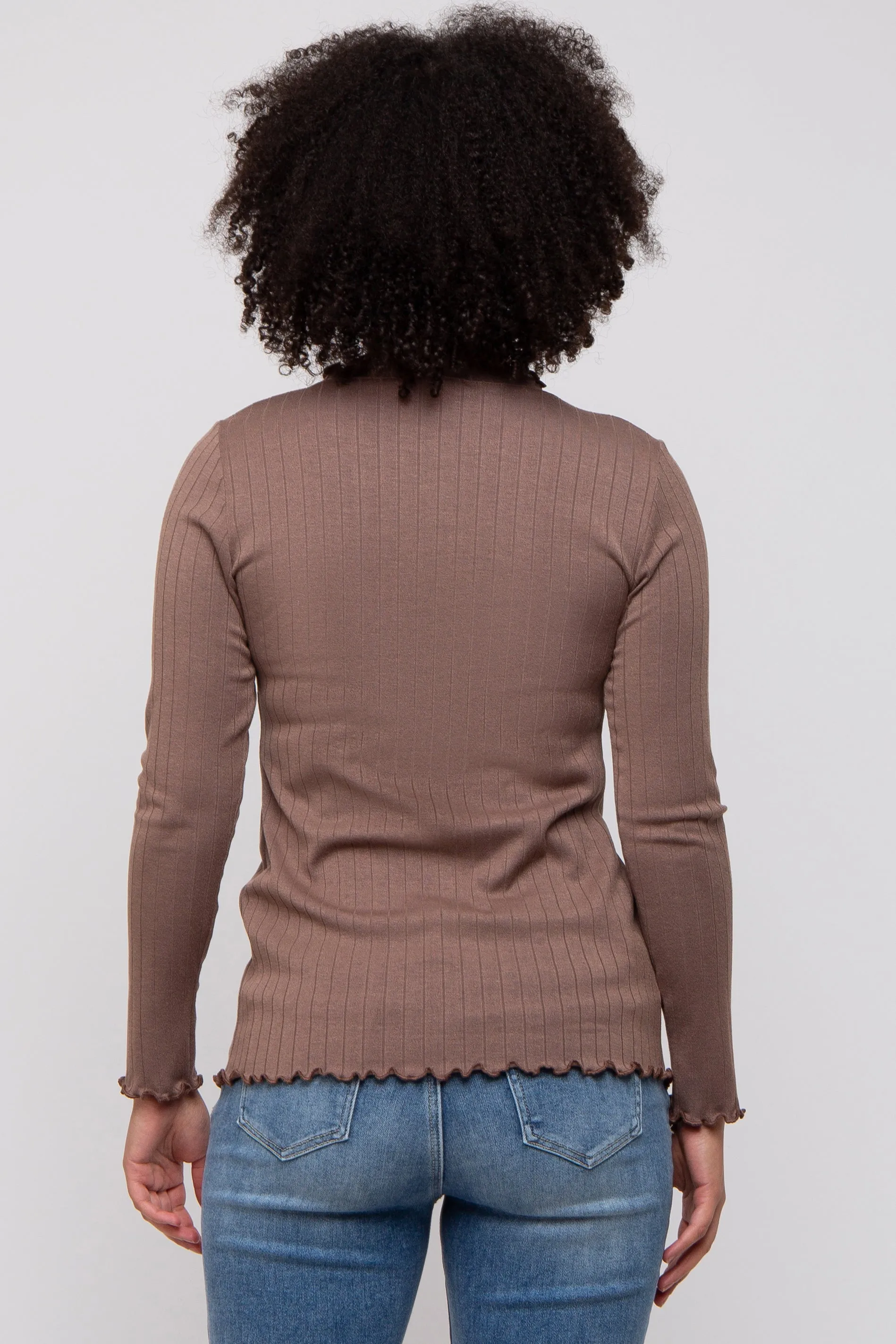 Brown Rib Knit Lettuce Trim Long Sleeve Top sold by Pinkblush product image thumbnail 4
