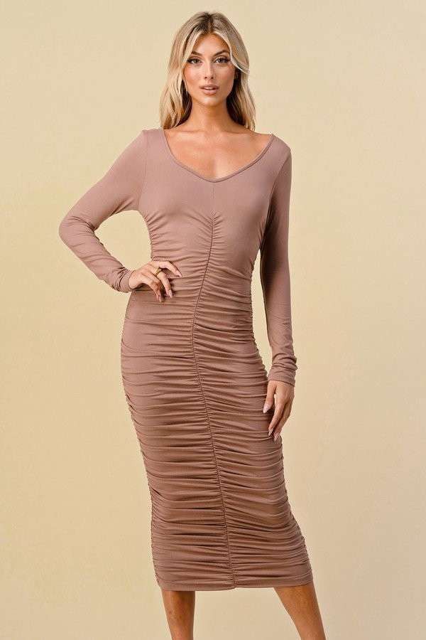 Light Chocolate Ruched Scoop Neck Long Sleeve Midi Dress sold by Pinkblush
