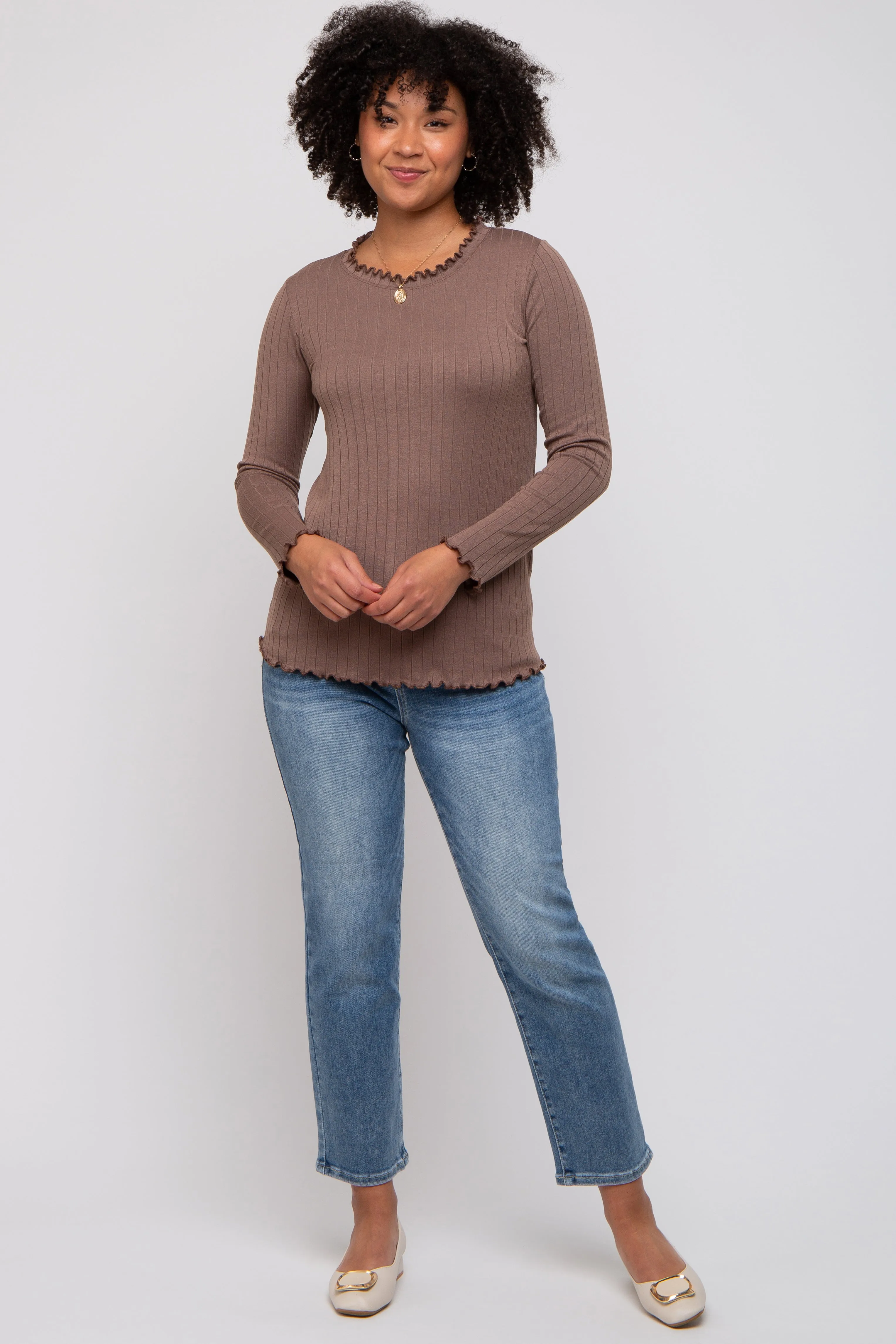 Brown Rib Knit Lettuce Trim Long Sleeve Top sold by Pinkblush